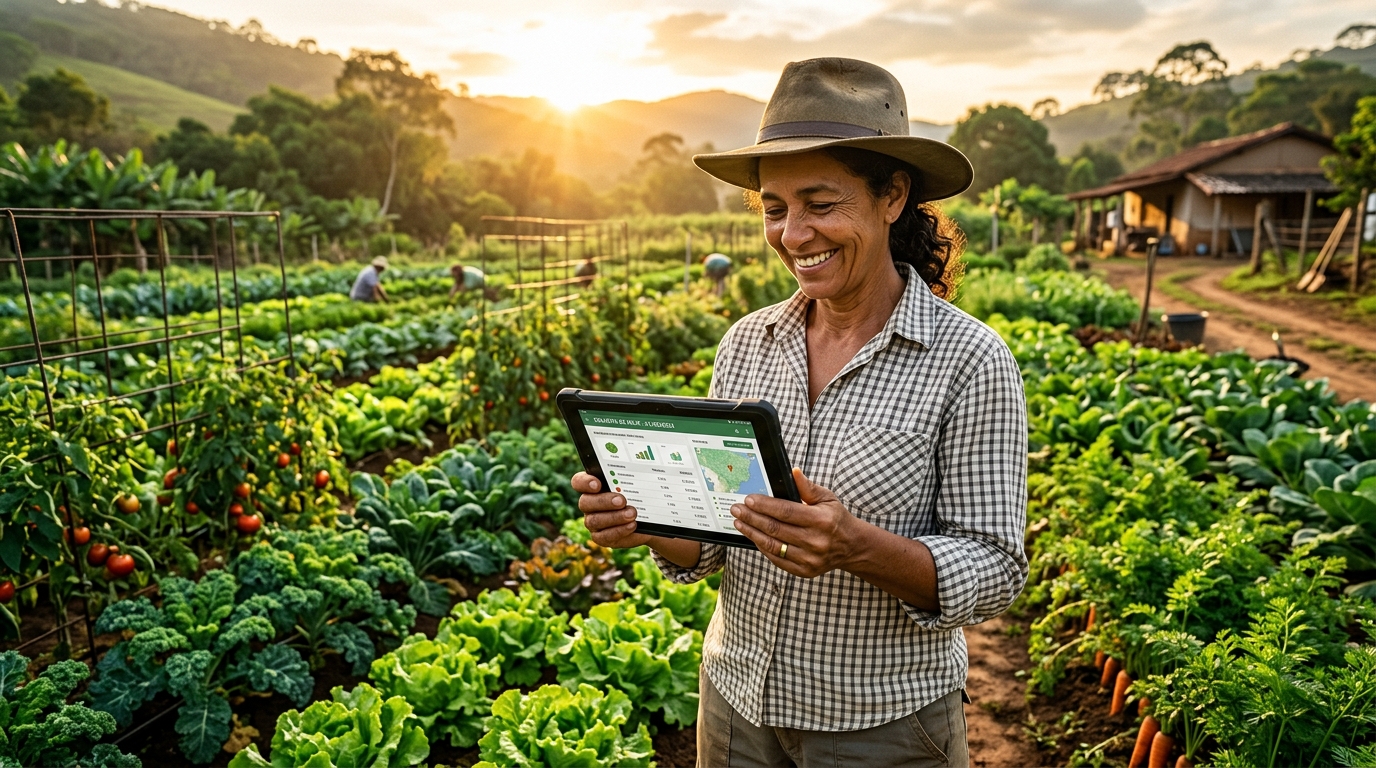 Produtor rural analisando safra no tablet